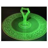 Etched Uranium Glass Handled Serving Tray