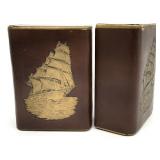 Vintage Ship Embossed Leather Wrapped Bookends