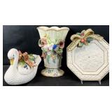 3pc Fitz & Floyd Swan, Vase & Plate