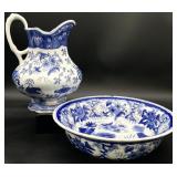 Blue & White Ironstone Bowl & Pitcher