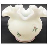 Fenton Art Glass Milk Satin White Bow & Holly Vase