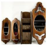 4pc Vintage Wooden Wall Mirror, Sconces & More