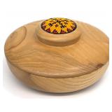 Signed Carved Ash Wood Bowl w/ Beaded Lid