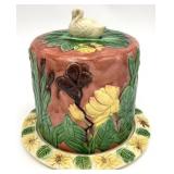 Vintage Majolica Pottery Covered Cheese Dish