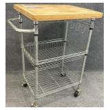 3-Tier Chrome Steel Bamboo Top Rolling Cart
