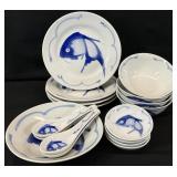 Chinese Blue & White Koi Fish Dishes