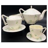 5pc Belleek Pottery Harp Shamrock Teapot & More