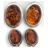 2 Pair Signed Sterling Silver Amber Stone Earrings