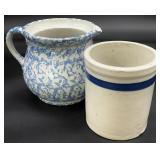 2pc Blue & White Crock& Spongeware Pitcher