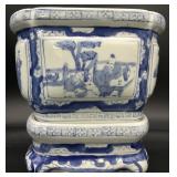 2pc Chinese Blue & White Ceramic Planter & Stand