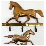 2pc Copper Tone Brass Horse  Wall Figure & Hooks