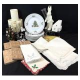 Asst Holiday Dishes, Decor, Linen Napkins