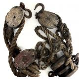 4 Antique Wood Pulleys & Rope