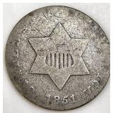 1851 Silver Three Cents Trime