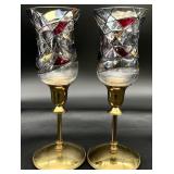 Pair Brass Candlesticks w Glass Tealight Holders