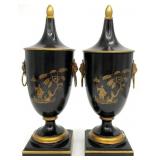 Pair Black Painted Toleware Mantel Urns