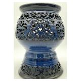 Signed Pierced Blue Art Pottery Candle Holder