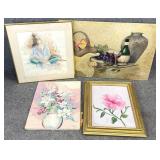4pc Original Paintings & Needlepoint Art