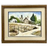 Vintage Rural Farm Scene Watercolor Painting,