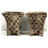 Pair Lion's Head Metal Lattice Planters