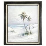 Palm Tree Seascape Oil Painting, Signed Runci