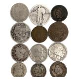 12pc Group Vintage US Coins Incl Silver