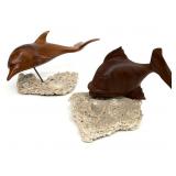 2pc Carved Wood Dolphin & Fish Sculptures