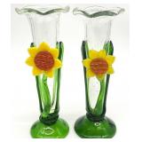 2 Sunflower Art Glass Vases