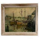 Vintage Harbor Scene Wood Framed Art Print