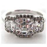 Sterling Silver 3-Stone Halo Ring, Sz 7
