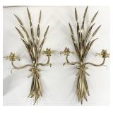 2 Vintage Wheat Sheaf Gilt Tole Metal Sconces