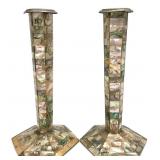 Pair Tessellated Abalone Shell Candlesticks