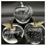 3pc Art Glass / Crystal Apple Paperweights