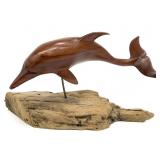 Signed Carved Wood Dolphin Sculpture