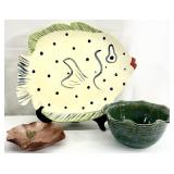 3pc Pottery Fish Platter & Bowls
