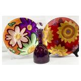 3pc Art Glass Plates & Purple Glass Decanter