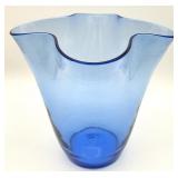 Blenko Blue Art Glass Ruffle Edge Vase