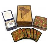 3pc Marquetry Wood, Paper Mache & Asian Boxes