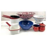 Red, White & Blue Enamelware Pots, Bowls & More