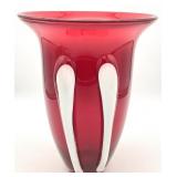 Large Red Blown Art Glass Vase w/ White Stripes
