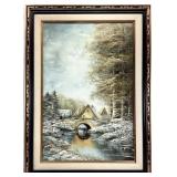 European Cottage Bridge Landscape Oil Painting