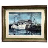 Vintage Nautical Fishing Boat Dock Scene Art Print
