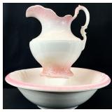 Large Antique Pink Accented Wash Pitcher & Basin