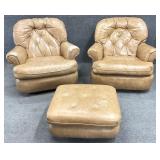 Pair Leather Club Chairs & Ottoman