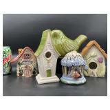 5pc Vintage Decorative Ceramic Bird Houses & Bird