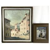 2 Antique Mediterranean Town Scene Paintings