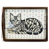 Vintage Cross Stitch Cat Wooden Tray