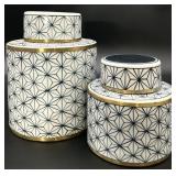2 Blue & White Brass Trimmed Ceramic Jars