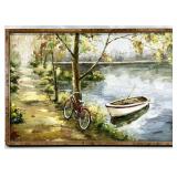 Oil Painting, Docked Boat & Bicycle By River