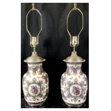 2 Vintage Porcelain Floral & Butterfly Vase Lamps